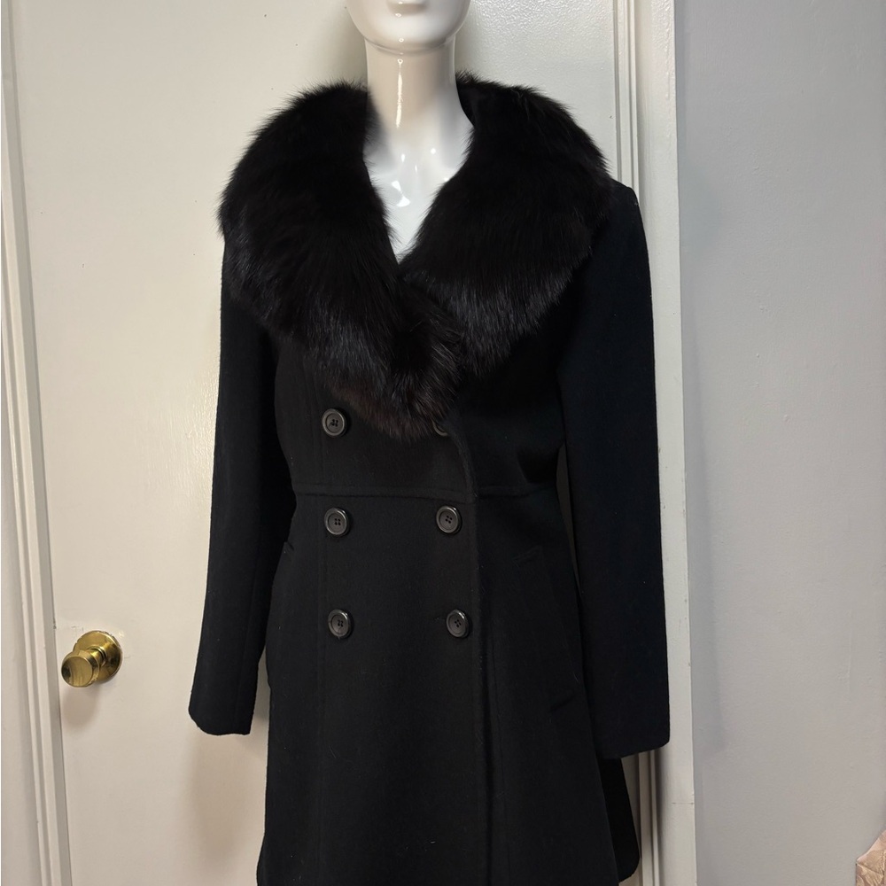 Elegant Black Double-Breasted Women's Coat Jonathan Michael. With fur collar